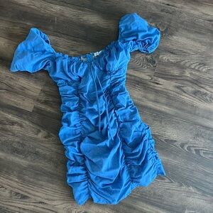 Hello Molly blue floral ruched bodycon off the shoulder mini dress